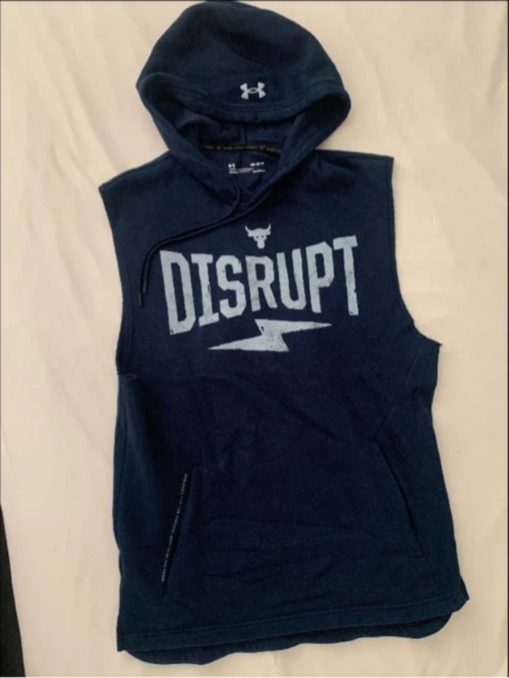 Project Rock - Under Armour Navy Sleeveless Hoodie with 'Disrupt' Graphic